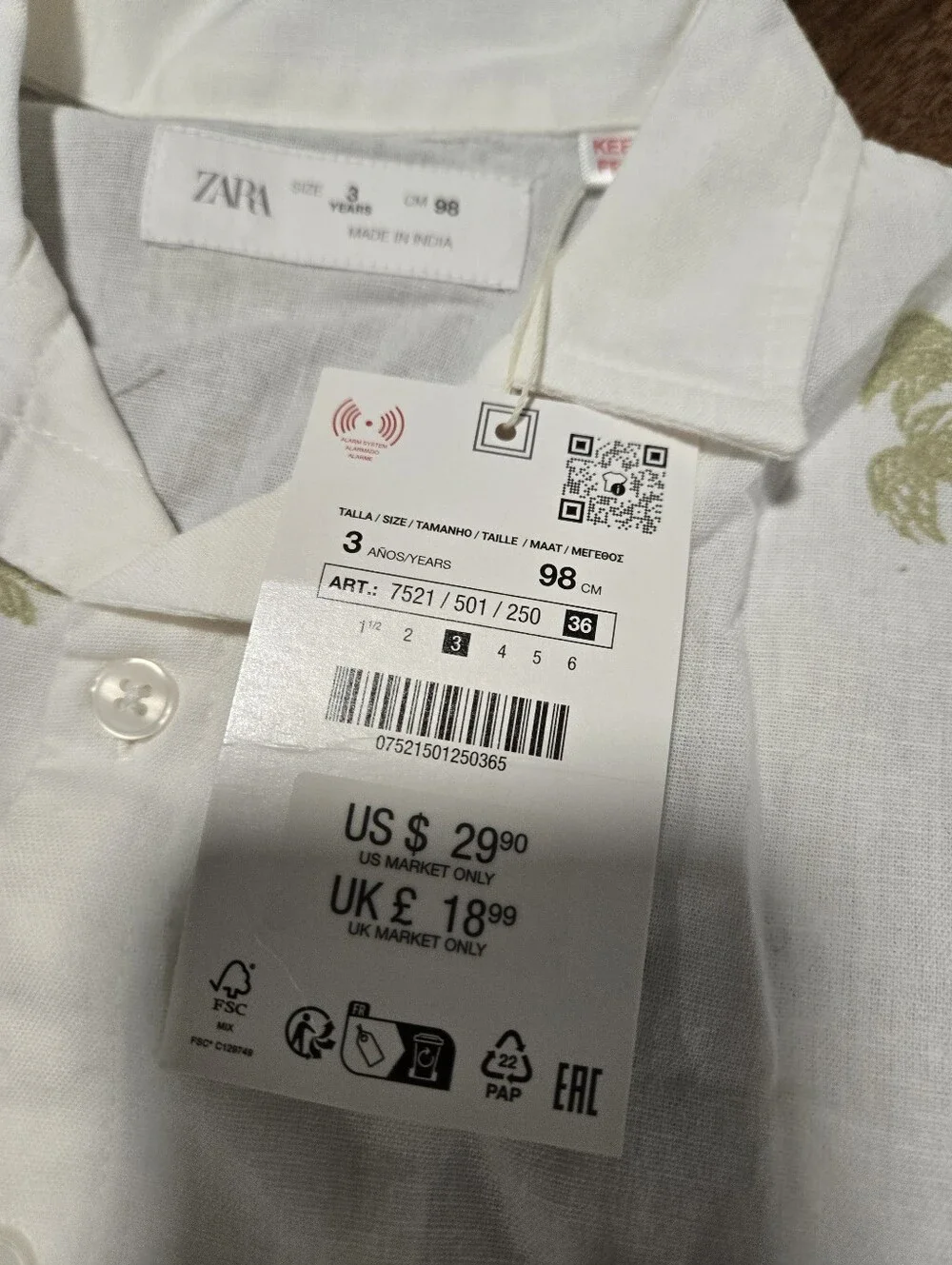 Zara Set White Short-Sleeve Palm Print Shirt Button Down with Sage Green Pant 3T
